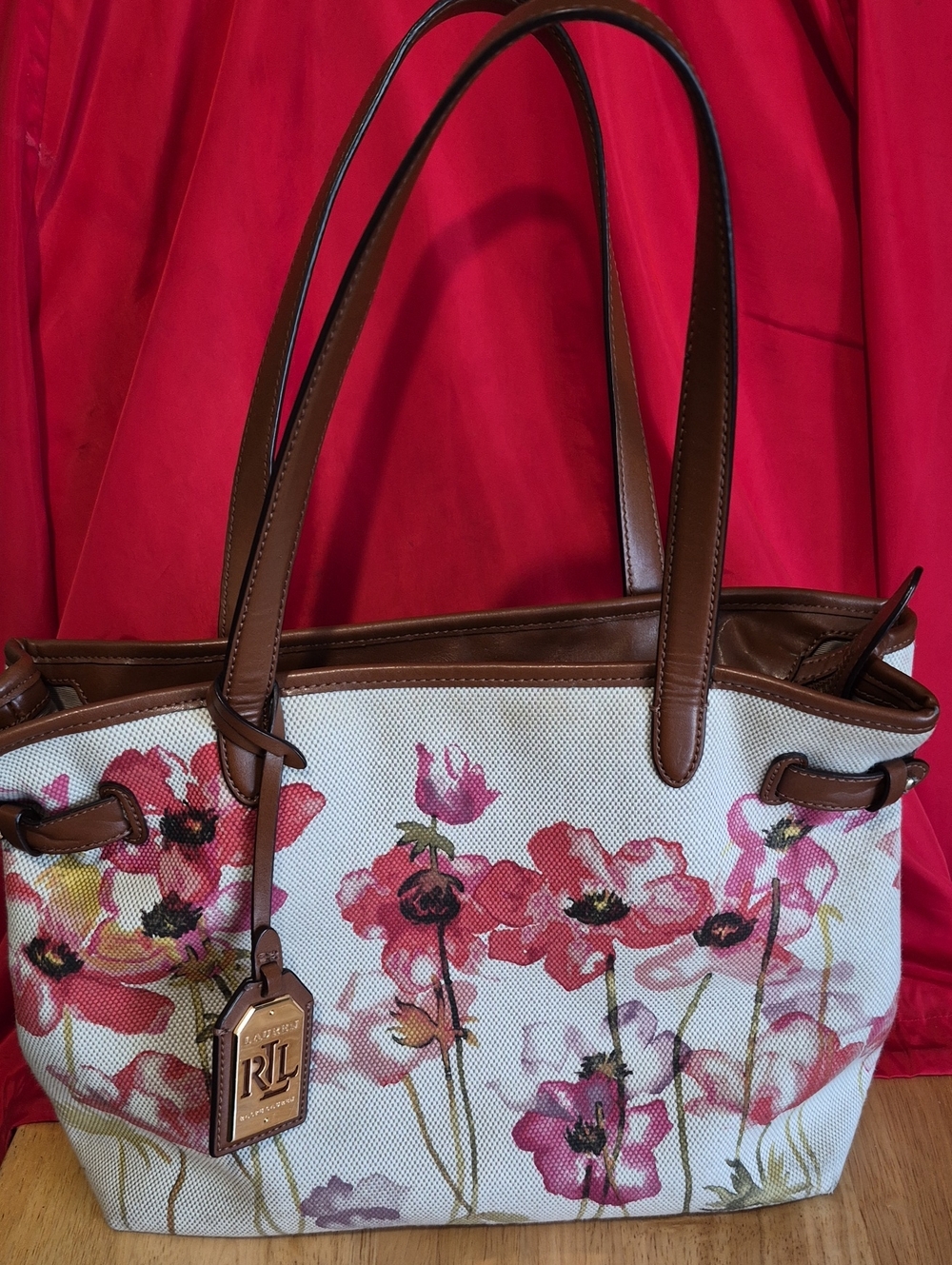 Ralph Lauren-Floral Canvas Tote with Brown Leather Trim - Pink Floral - Picture 13 of 13